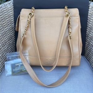 Authentic CHANEL grand shipping tote triple CC beige caviar leather